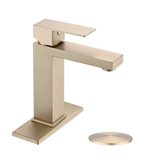 JERFIT Brushed Gold Single Hole Bathroom Faucet with Drain, Modern Stainless Steel Sink Faucet, Single Handle Deck Mount Vessel Vanity Tap