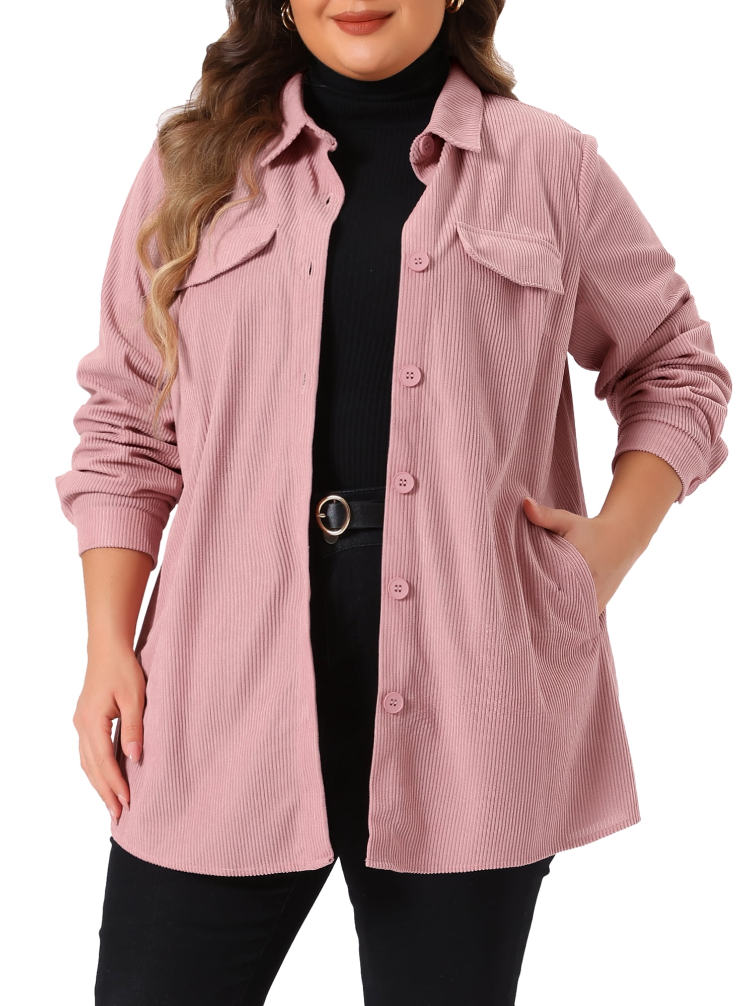 DARING DIVA Plus Size Corduroy Shirts Button Down Shackets Jacket 1X Pink