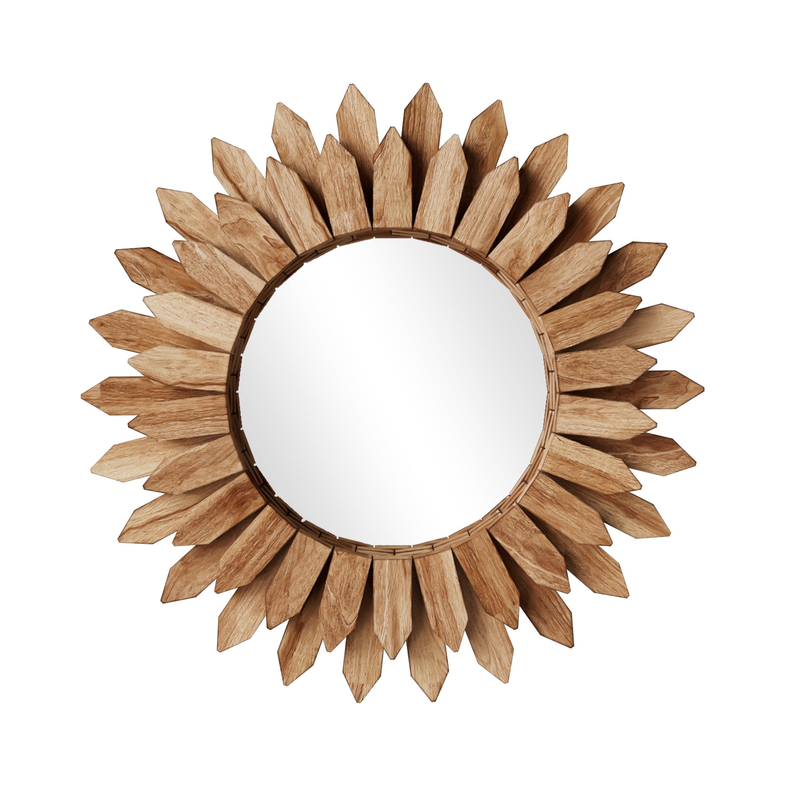 Easy4Home 20" Rustic Wood Mirror Wall Decoration Hanging Round Mirror,Light Brown