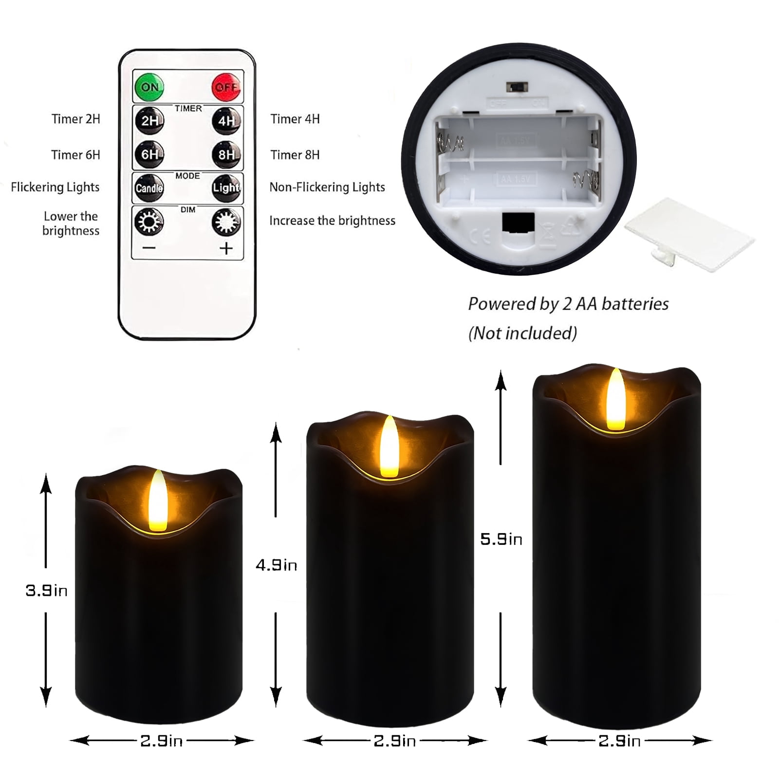 Flameless Candles Light, Set of 3 Flickering LED Candles with Remote & Timer, Dimmable Real Wax Electric Pillar Candles Battery Operated, Black Flameless Candles for Home Halloween Decor
