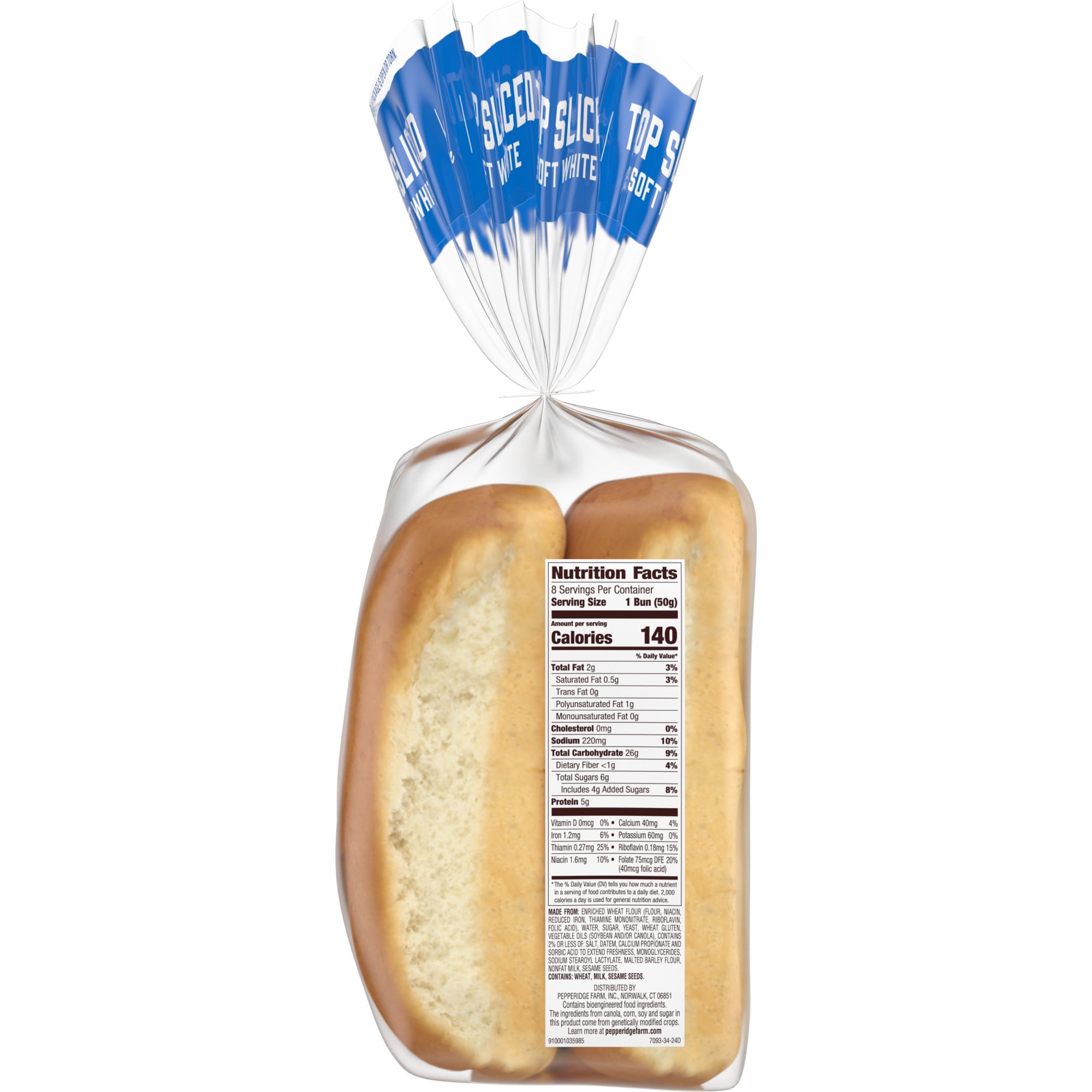 Pepperidge Farm White Hot Dog Buns, Top Sliced, 8-Pack Bag
