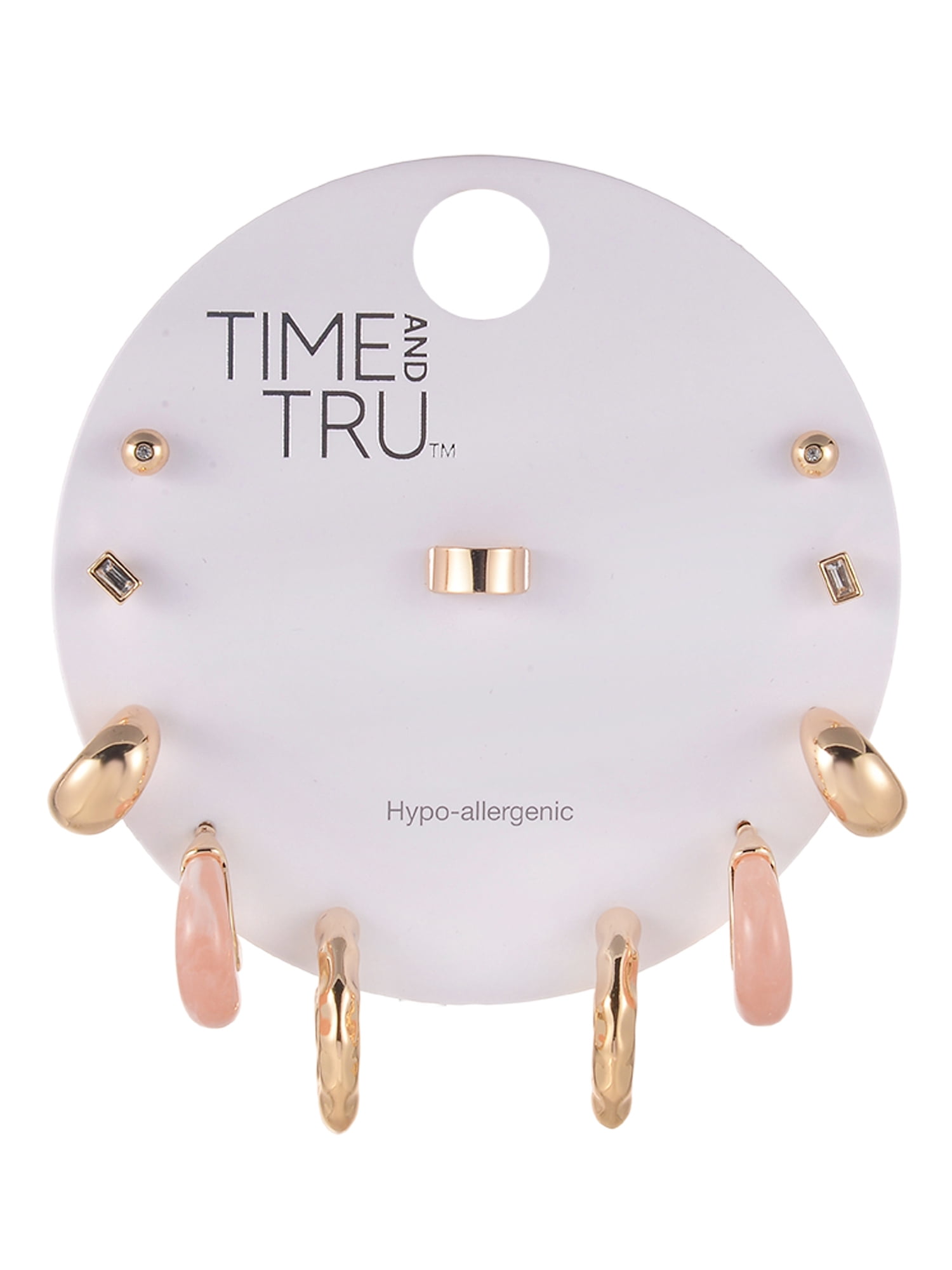 Time and Tru Goldtone and Silvertone 5-On Milky Pink Swirl Resin Hoop and Studs Earring Stacker Set