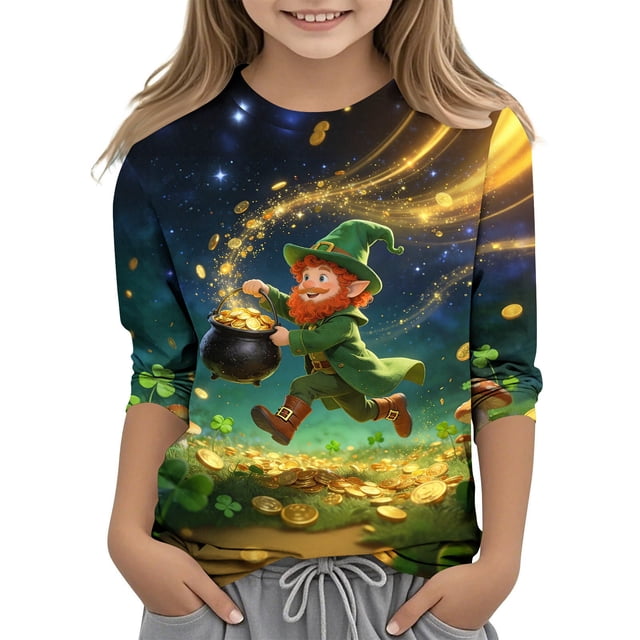 Tauxra Chandail de la Saint-Patrick pour Adultes, T-Shirt à Manches 3/4 Imprimé Col Rond, T-Shirt Graphique Trèfle Décontracté à Manches Longues pour Activités Festives