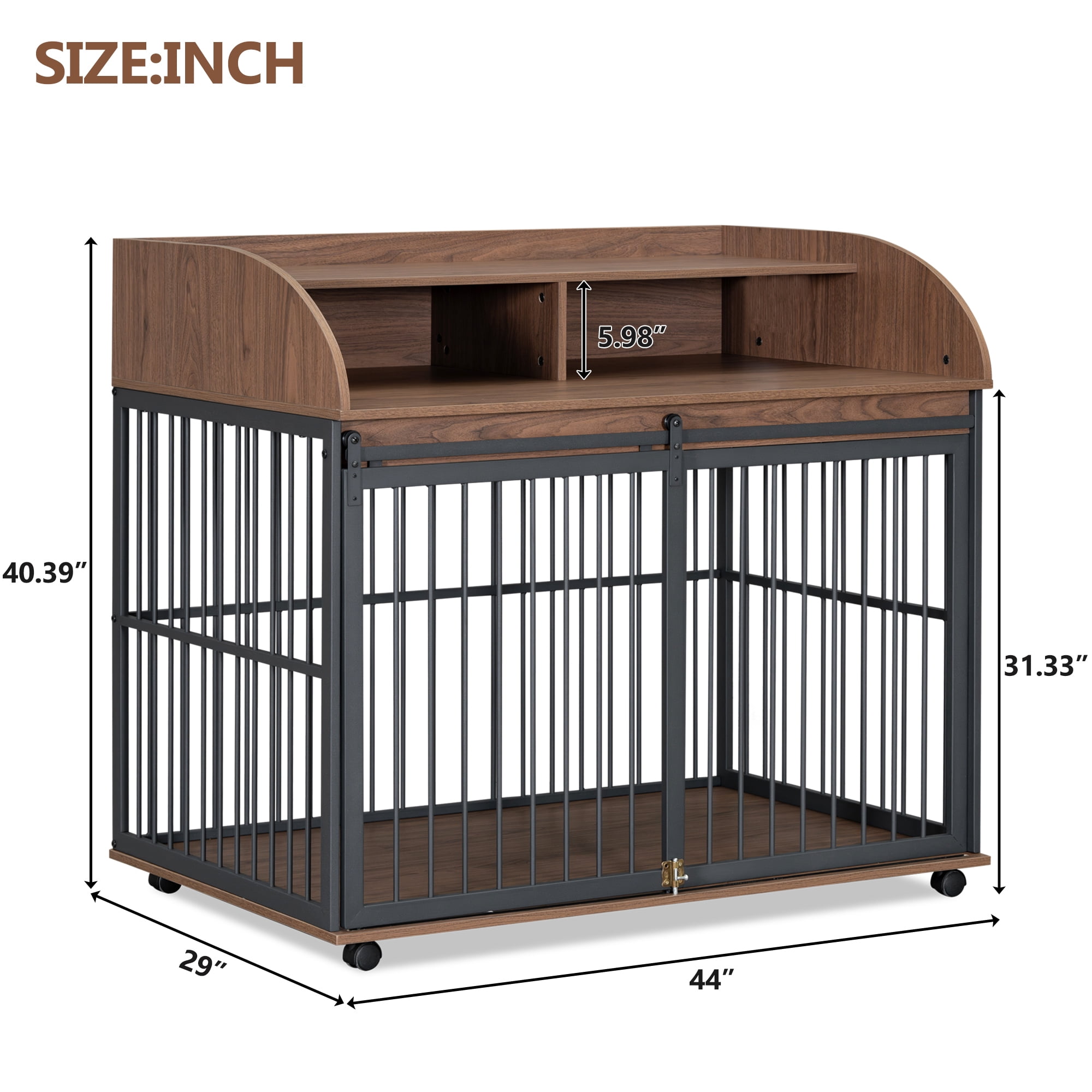 44'' Heavy Duty Large Dog Crate for Large Medium Dog with Lockable Wheels, Wooden Dog Crate Dog Kennel, End Table Crate with Double Layer Storage