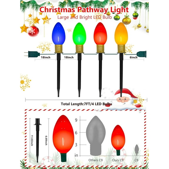 YUYAN-C9 LED Christmas Pathway Lights Outdoor, 7Ft 4 Multicolor Bulbs Christmas Pathway Stakes Lights, Connectable Colorful Marker Walkway Lights for Yard Patio Sidewalk Driveway Garden Lawn Decor