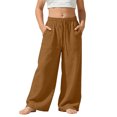 thumbnail image 2 of ITSAME Wide Leg Pants for Girls, Cotton Linen Full Length Elastic Waist Loose Casual Pants with Pockets Brown Size 7, 2 of 9