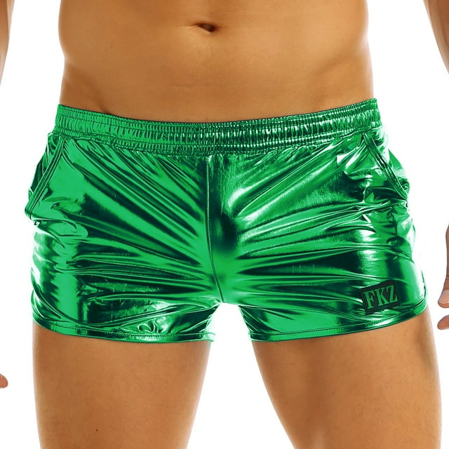 YiZYiF Men's Shiny Metallic Holographic Hot Pants Low Rise Elastic Waist Boxer Shorts Trunks Swimsuits Clubwear Green L