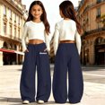 thumbnail image 2 of XAOFW Girls Back To School Pants Drawstring Elastic Waist Letter Print Loose Fit Curved Leg Trousers For Kids Everyday Wear Comfortable Bottoms 12-13 Years, 2 of 4