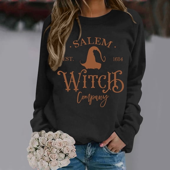 LINGLANG Womens Salem Witch Sweatshirt Halloween Letter Graphic Shirt Crewneck Pullover Top Long Sleeve Vintage Witchy Fashion Clothing