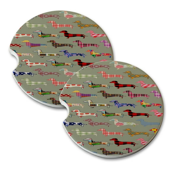 KuzmarK Sandstone Car Drink Coaster (set of 2) - Floral Daschund Dog