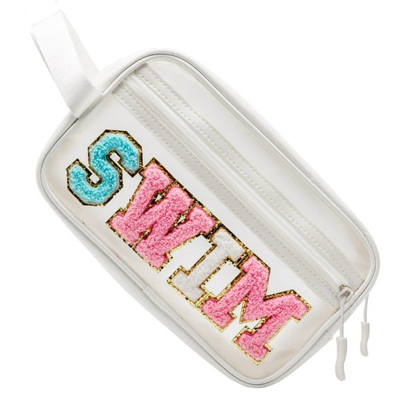 Bolsa de maquillaje COSHAYSOO Clear SWIM con parche con letras Preppy para mujer