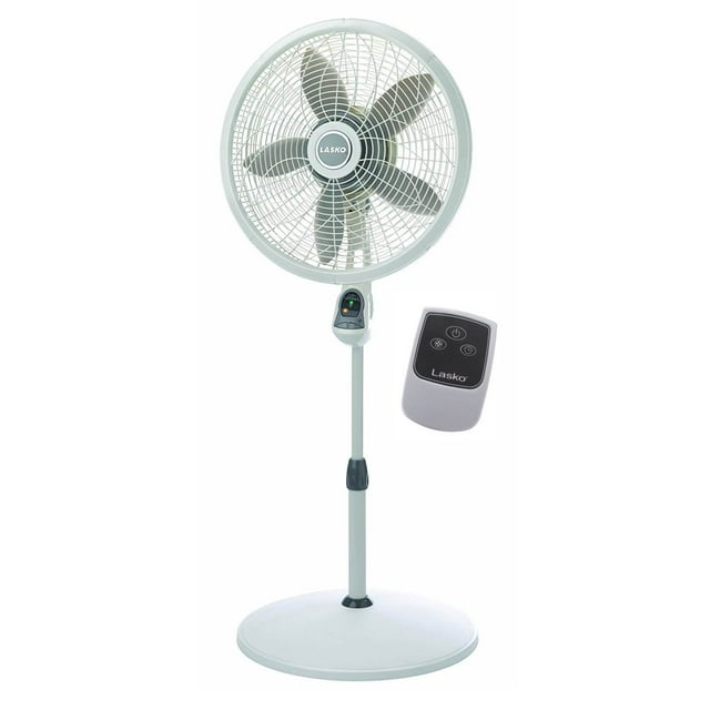 Lasko 18" 3-Speed Elegance and Performance Oscillating Pedestal Fan with Remote, a white adjustable pedestal fan with an 18-inch blade, height range of 38 to 54.5 inches, and a sturdy round base. Features a remote control, quiet energy-efficient motor, tilt-back head, and 90-degree oscillation for directional cooling. Suitable for indoor use in bedrooms, kitchens, offices, or living rooms.