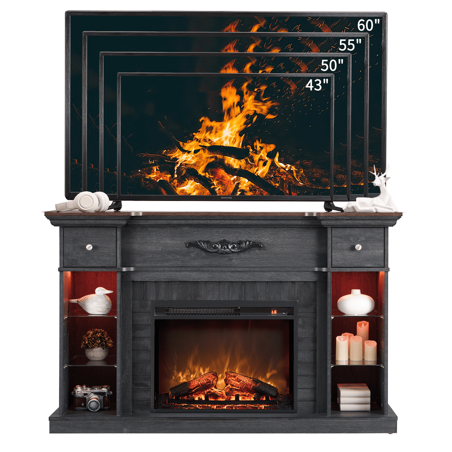 SinCiDo Electric Fireplace TV Stand for 65 Inch TVs, Farmhouse LED Entertainment Center w/7 Colors Changing and Adjustable Shelves