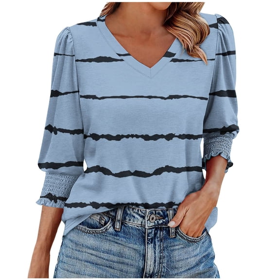 Fesfesfes Womens Casual Tops Boho-Style Anomaly Strip Printed 3/4 Puff Sleeve Blouse Round Neck Summer Trendy Shirts for Daily(Blue,2XL)