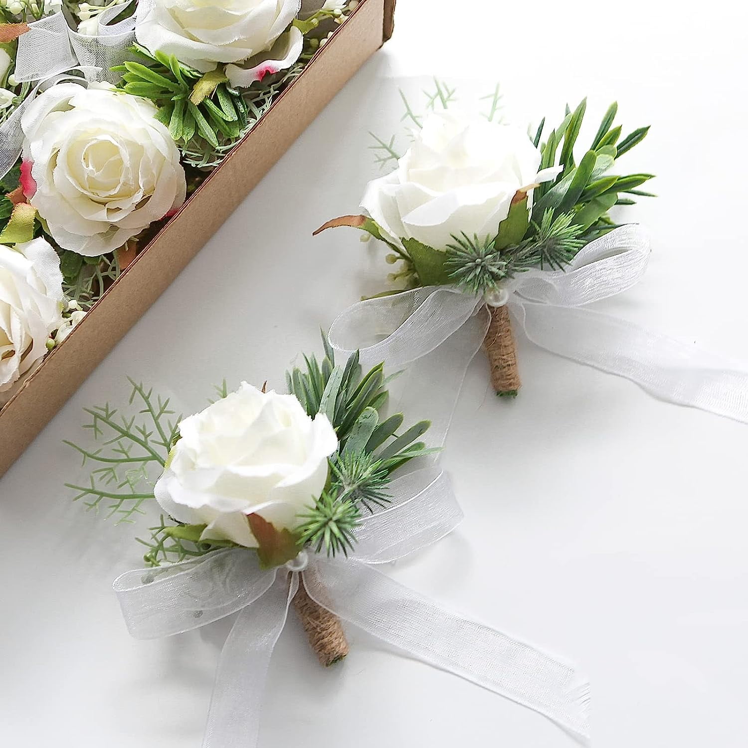Pack of 6 Ivory Rose Boutonnieres for Best Men Groom Groomsmen White