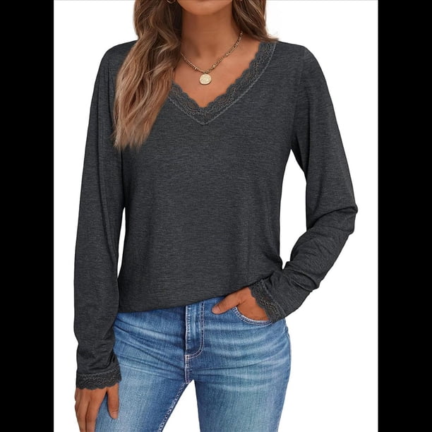 Camisetas con Cuello en V para Mujer, Blusas de Encaje de Larga, Holgadas, Elegantes e Informales, para Otoño e Invierno, A . Gris Oscuro M