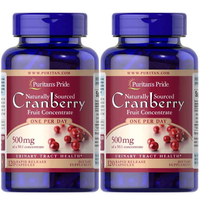 suplemento puritan's pride, cápsulas de arándanos rojos, una vez al día, 240 unidades, doble frasco frontal de plástico azul translúcido con etiquetas rojas que indican Cranberry 500 mg y 120 cápsulas cada uno; en la etiqueta se menciona apoyo a la salud urinaria y fuente de antioxidantes, encuadre centrado sobre fondo blanco.