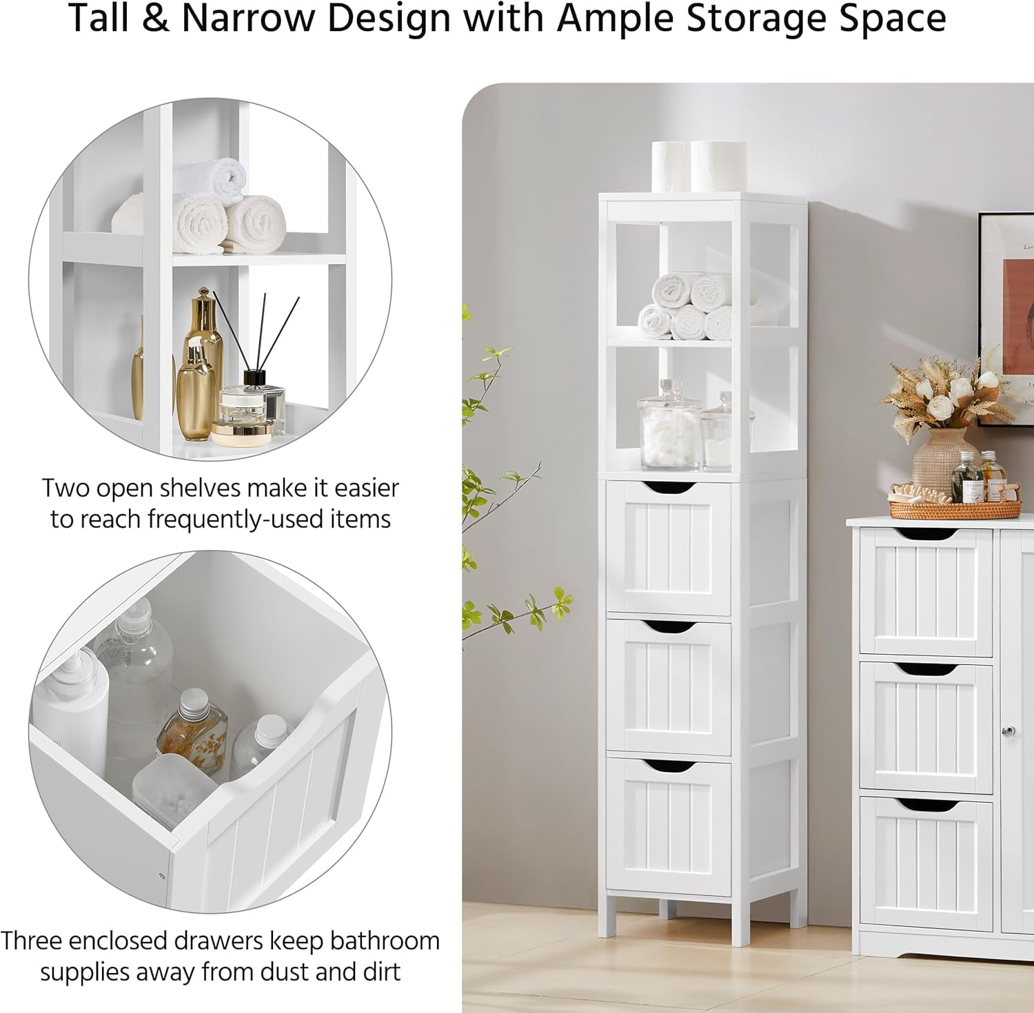 Bathroom Tall Cabinet, Slim Storage Cabinet, Narrow Freestanding Floor Cabinet with 3 Drawers & 2 Shelves, Linen Tower for Small Space, 12" D x 12" W x 56" H, White
