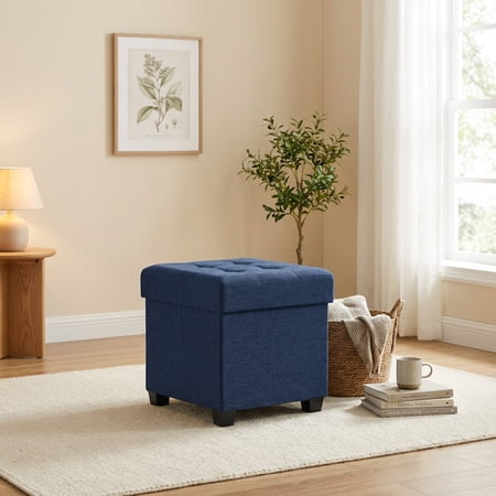 LEDREM 15" Cube Storage Ottoman with Feet, Footstool with 10-Gallon Storage, Ottoman with Storage Holdss up to 660 lb, Midnight Blue