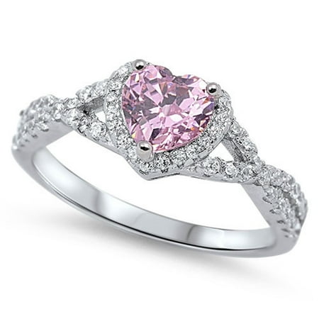 Heart Design Ring - Heart Pink Stone Surrounded By Round Cubic Zirconia Swirl Design Ring Sterling Silver 925