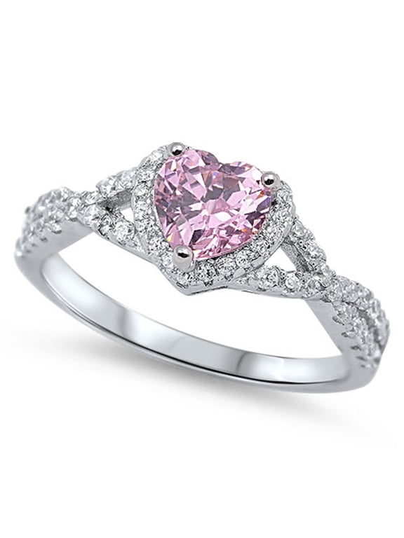 Heart Pink Stone Surrounded By Round Cubic Zirconia Swirl Design Ring Sterling Silver 925
