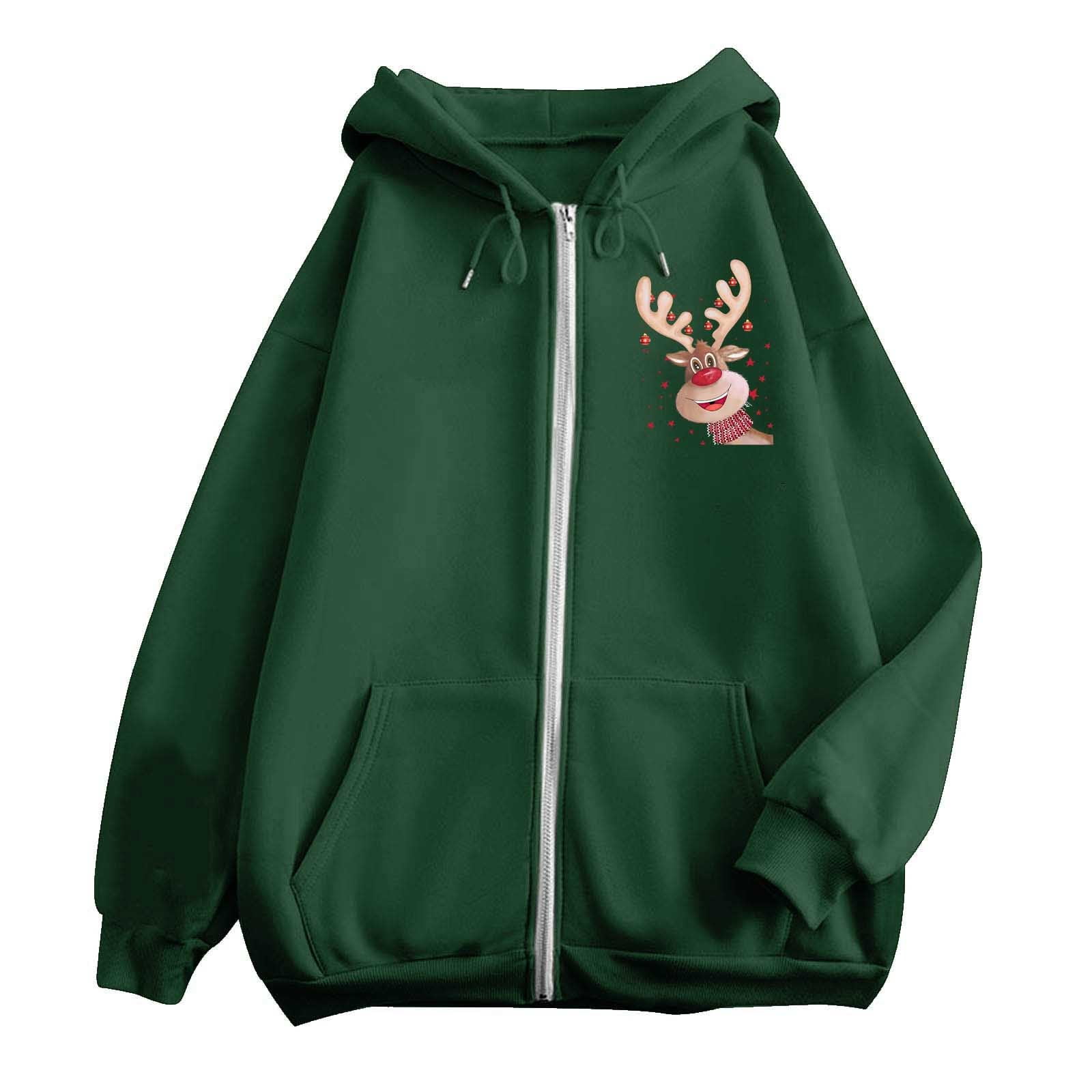 Ugly Christmas Hoodies for Women Zip Up Xmas Graphic Print Fleece Hooded Sweatshirts Funny Holiday Party Casual Jackets