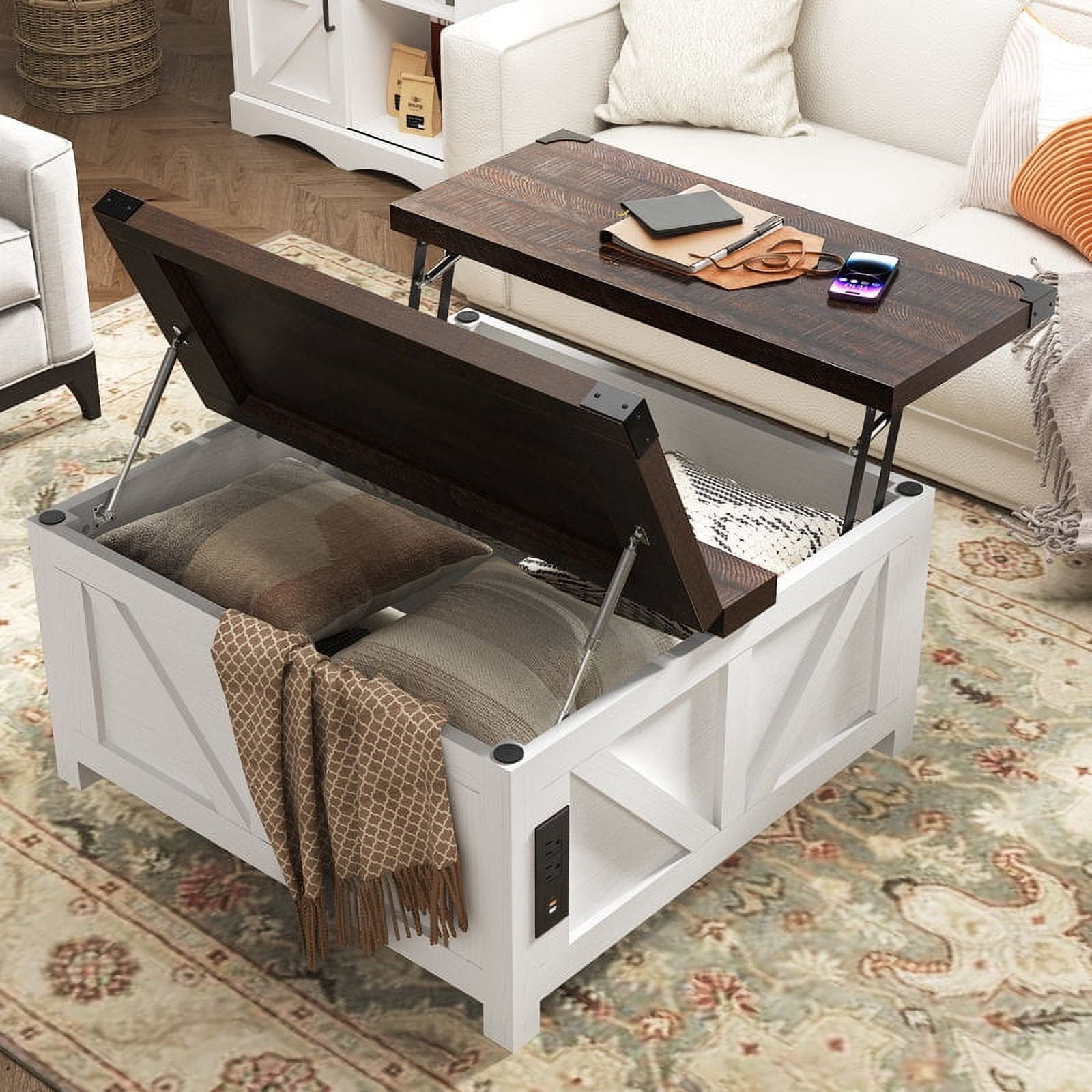 35.6" Farmhouse Lift Top Coffee Table with Charging Ports,Large Square Coffee Table with Storage, Wood Center Table w/Large Hidden Space for Living Room Home Office,White Brown