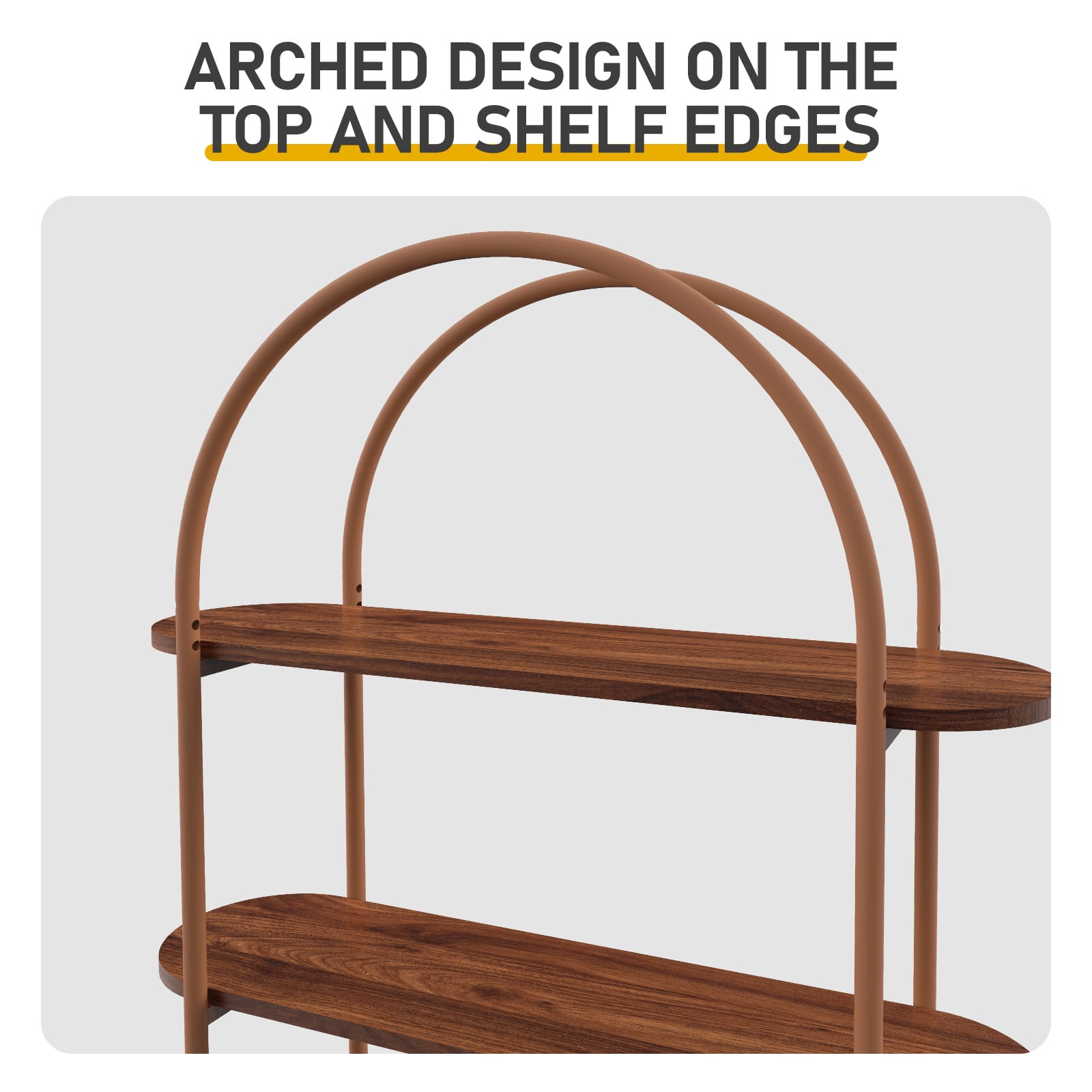 Arched Ceiling + 4-Layer Open Shelving + Double-Door Roller Shutter Display Case Locker with Socket (1USB+1Type-C) & Melamine Veneer & Painted Iron Pipe, 31.5*13.78*70.87in, Walnut