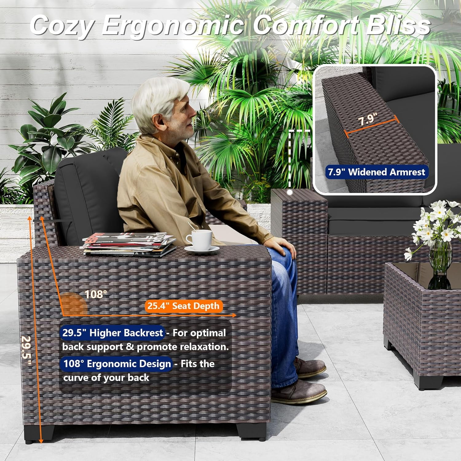 ASJMR 7 Pieces Wicker Patio Furniture Set With Gas Fire Pit Table,Outdoor Rattan Sectional Sofa Conversation Set With Cushions & Coffee Table,Black