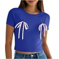 thumbnail image 2 of Dgankt Summer Tops Women's New Solid Color Bow Short Sleeve Round Neck Casual Top T-shirt, 2 of 7