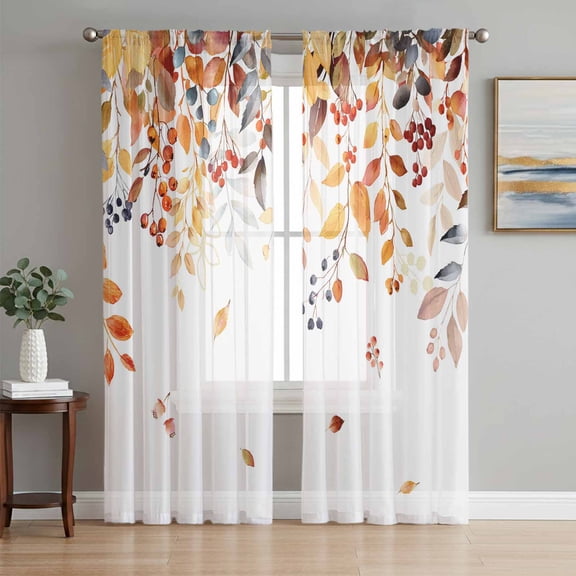 Brown Eucalyptus Leaves Sheer Curtains 84 Inch Length 2 Panels Set Window Treatments, Summer Botanical Weeping Watercolor Rod Pocket Semi Curtains for Living Room/Bedroom/Kitchen Décor, 104"W x 84"L