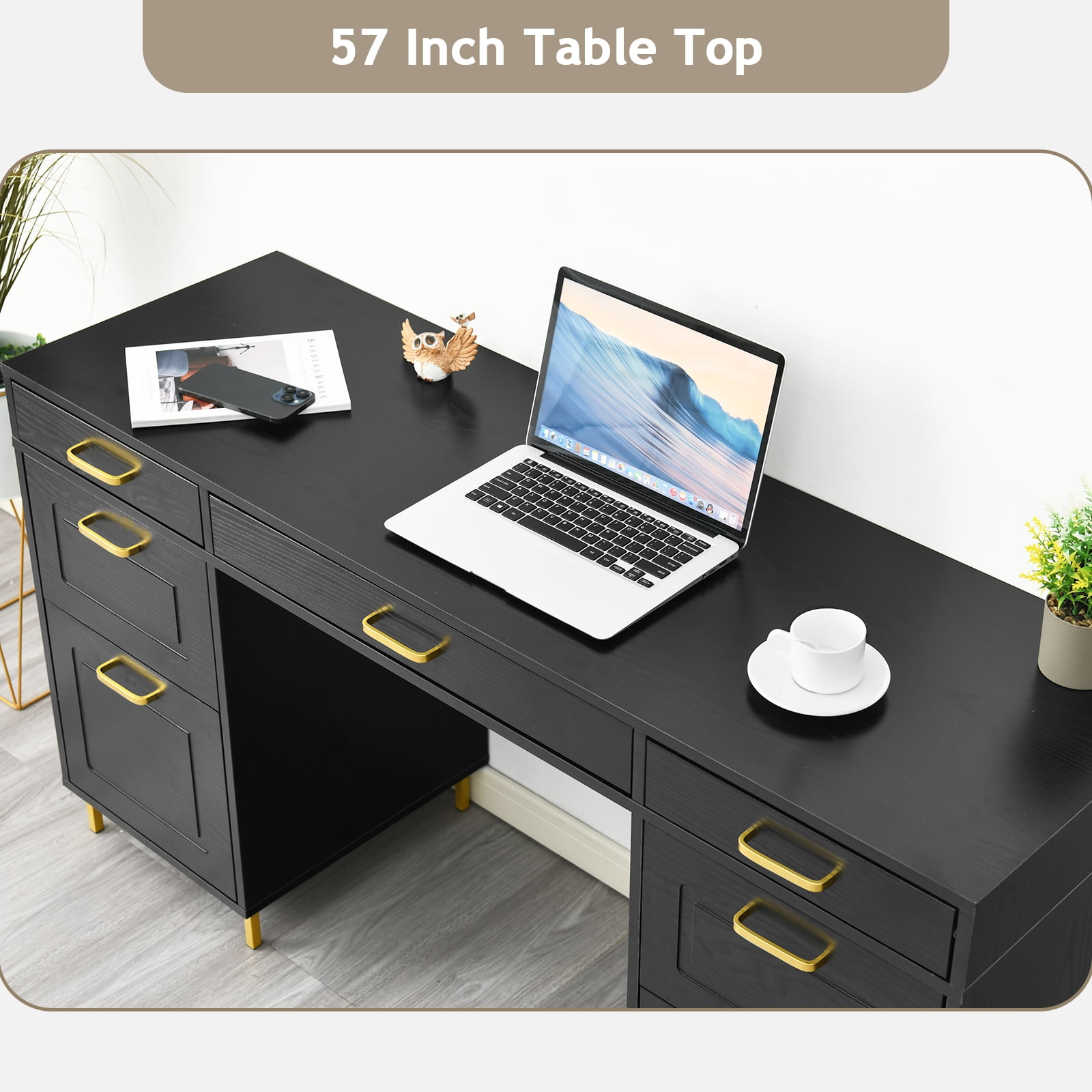 DreamCurship Computer Desk with Drawers, 57" Executive Desk with File Drawers, Home Office Desk with Storage, Black