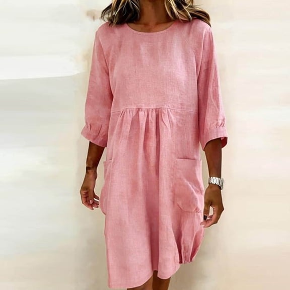 Uootdi Linen Dresses for Women Crew Neck 3/4 Sleeve Pocket Dresses Loose Flowy Casual Midi Dresses Summer Daily Wear Gift