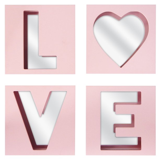 Better Homes & Gardens 4Piece 8" x 8" Love Mirror Wall Art Set, Pink