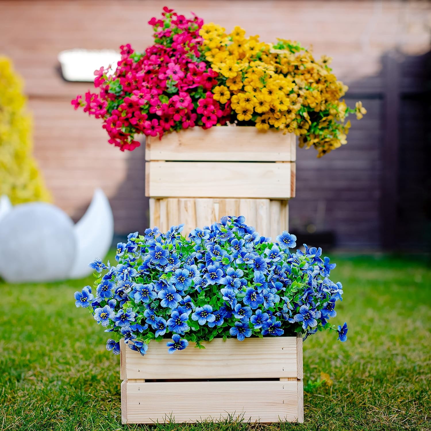 TETOU 16Pcs Artificial Plants Flowers, 13.8*7.5" Fake Silk Colorful Daisy Eucalyptus, UV Resistant Fake Flowers with Plastic Plants for Outside Home Porch Patio Window Yard Decor, Blue