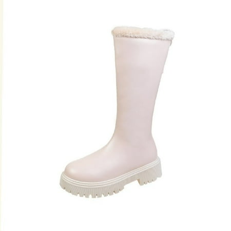 

hopeusnice Women s Winter Boots Fuzzy Fleece Lined Warm Knee High Platform Boots Chunky Heel Slip on Buckle Closure Boots Beige 40