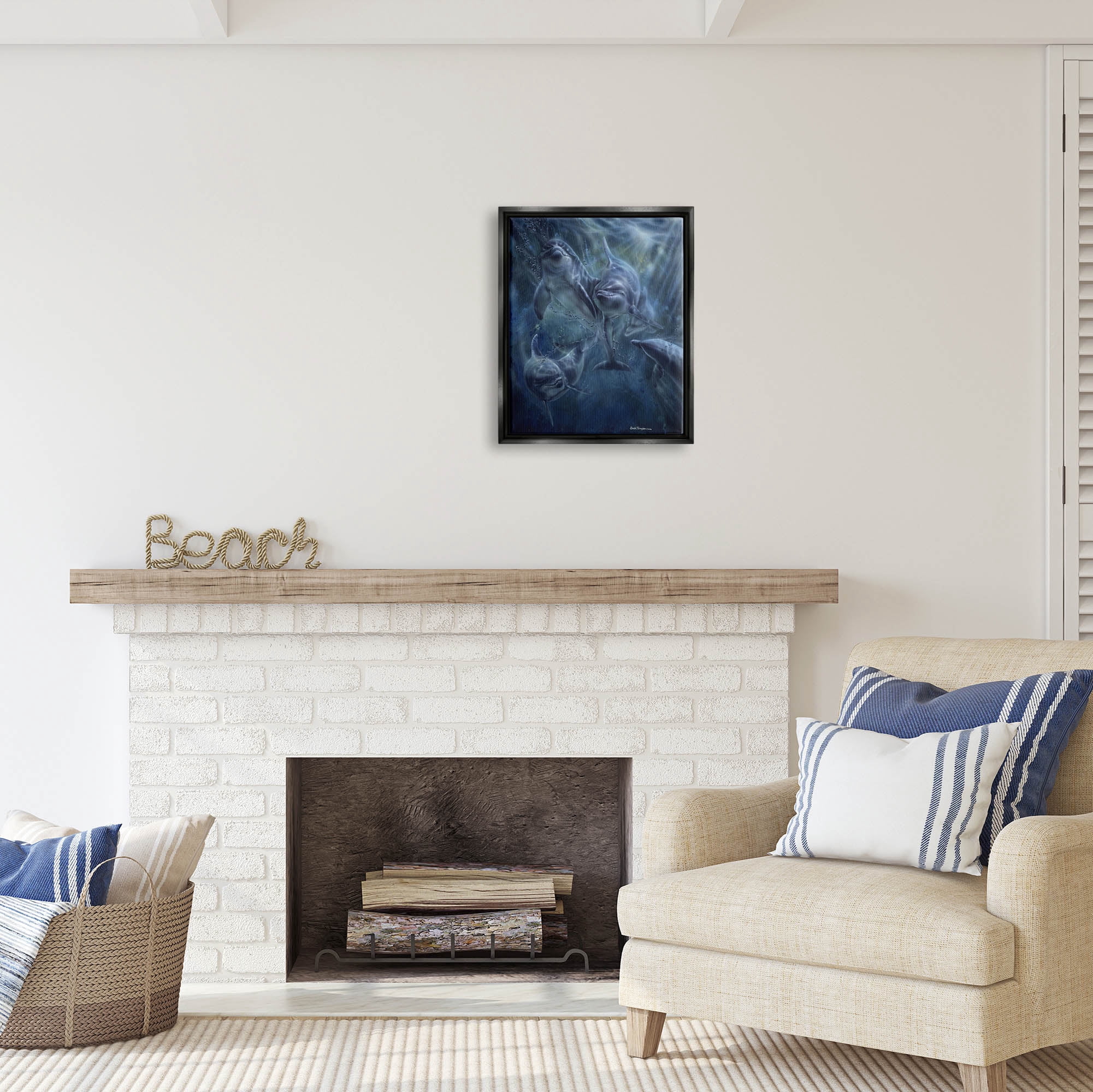 Stupell Industries Aquatic Dolphins Underwater Coastal Painting Black Floater Framed Art Print Wall Art