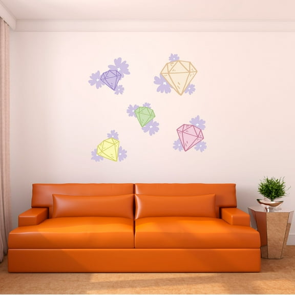Danish Pastel Wall Decal Geometrical Crystal Diamonds with Cute Flowers Bedroom Wall Decal for Girls Cute Themed Room Décor - Size: 10 In x 9 In