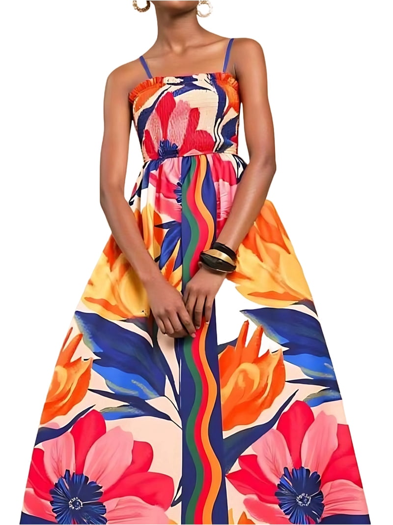 Summer Dresses for Women Beach Maxi Dress Spaghetti Strap Floral Boho A Line  Wedding Guest Flowy Long Dress Red XL - Walmart.com