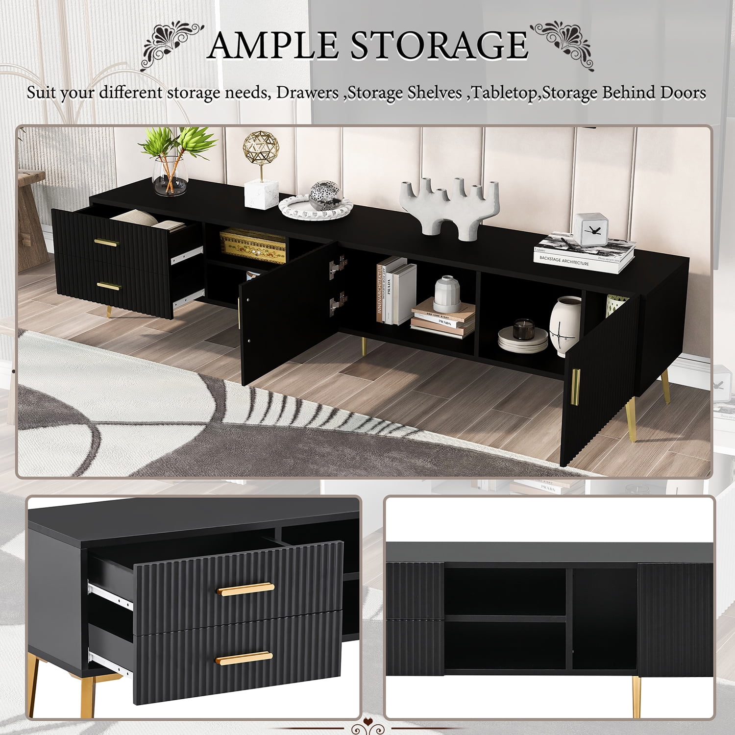Kadyn Modern Entertainment Center, MDF TV Stand with 5 Champagne legs, Entertainment Center TV Console for TV up to 77", Black