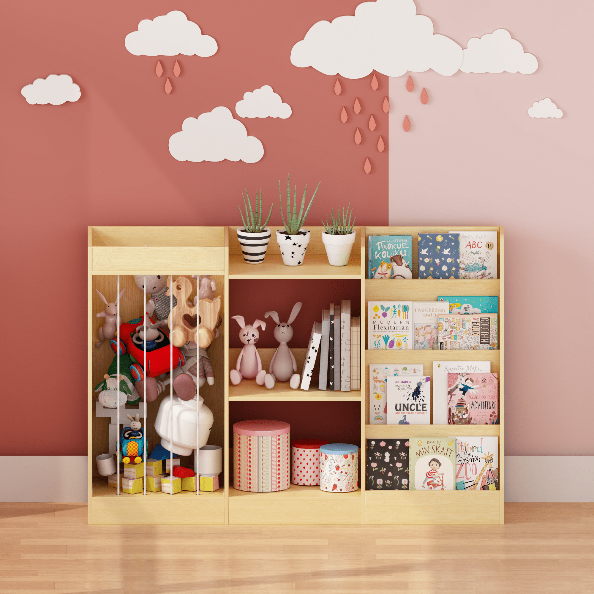 Natural Wood Kids Bookshelf 3-in-1 Toy Storage 4-Tier Book Display Anti-Tip Childrens Room Organizer