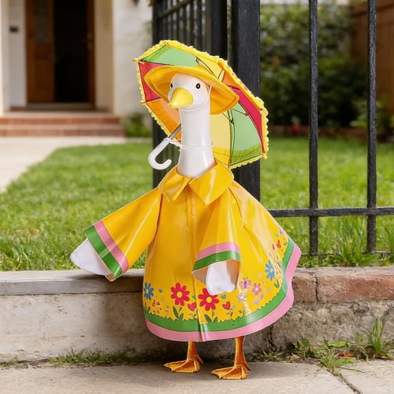 Porch Goose Outfit for 23-inch Lawn Statue, 3-Piece Yellow Raincoat Set with Hat and Umbrella, Spring Summer Garden Deco