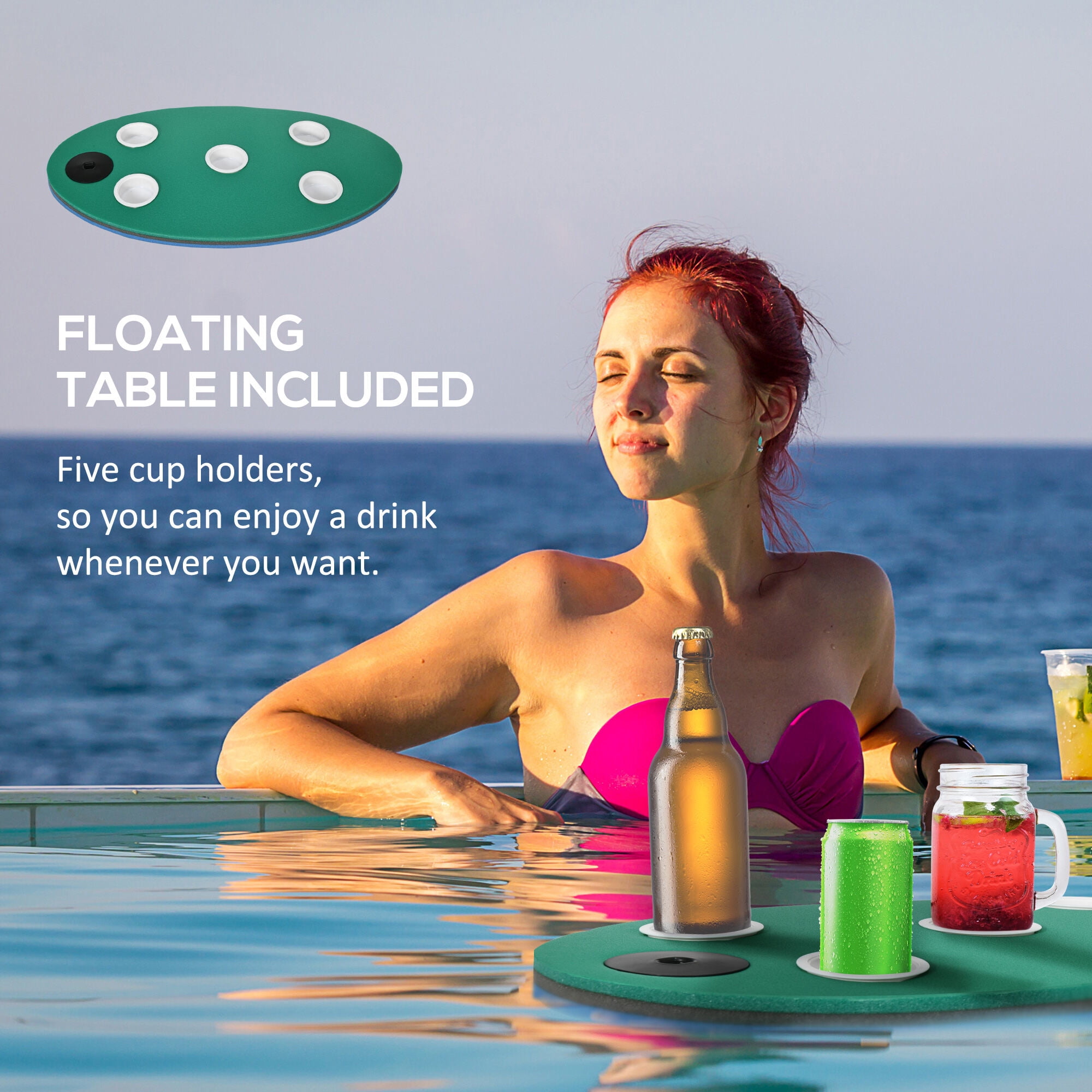 Home Gym Equipment, Soozier 12' x 5' Lily Pad Floating Mat with Cup Holder Table, 3-Layer Portable Roll-Up Water Mat Float Dock for 2-3 People, on Lake, River, Beach, Swimming Pool, Green