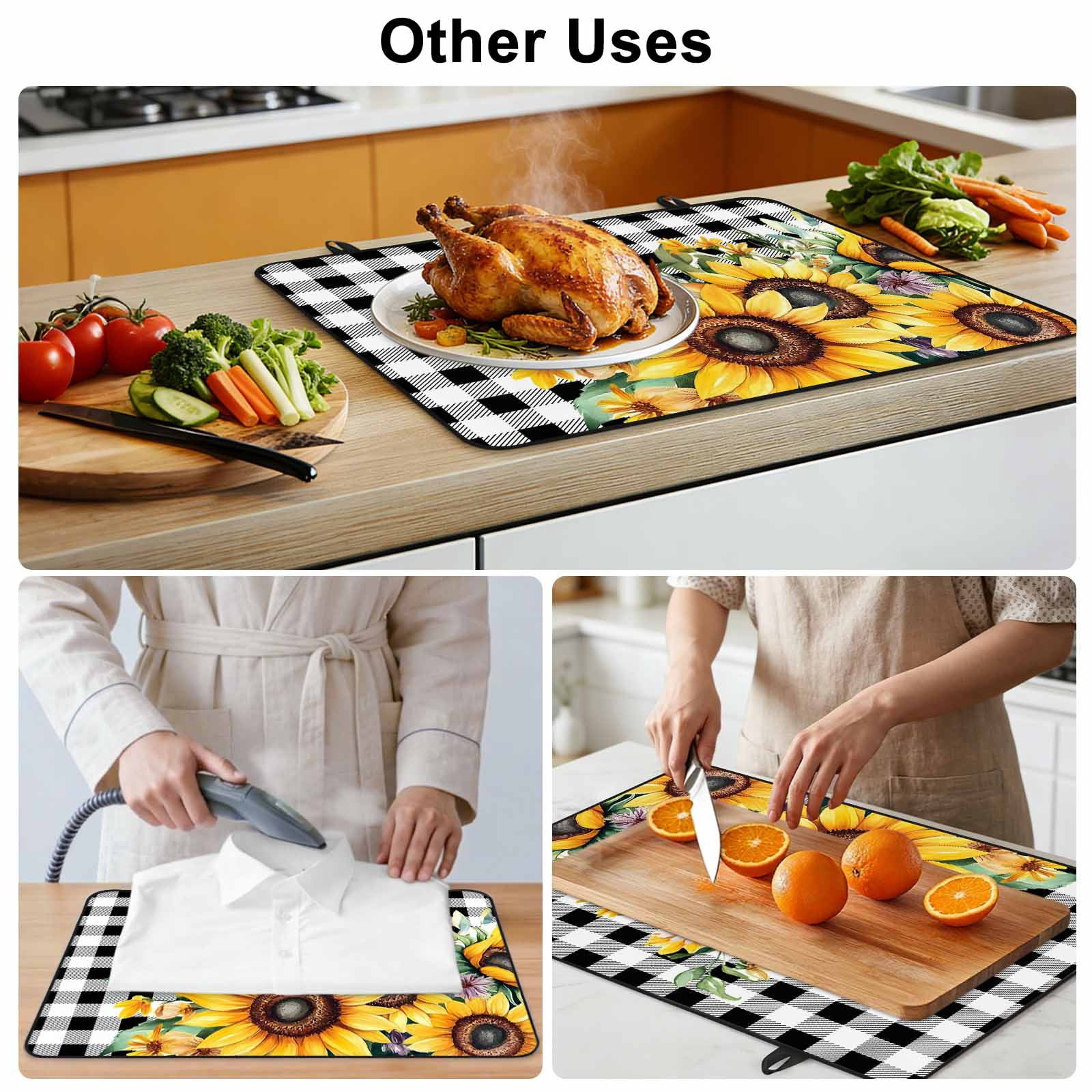 Sunflower Plaid Stove Top Cover for Electric Stove, Heat-proof & Non Slip Glass Top Stove Cover Protector, Black White Checkered Yellow Floral Kitchen Flat Cooktop Rubber Mat 24x21 Inches