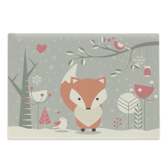 Forest Friends Cutting Board, Abstract Winter Graphic with Fox and Botanical Items, Decorative Tempered Glass Cutting and Serving Board, in 3 Sizes, by Ambesonne