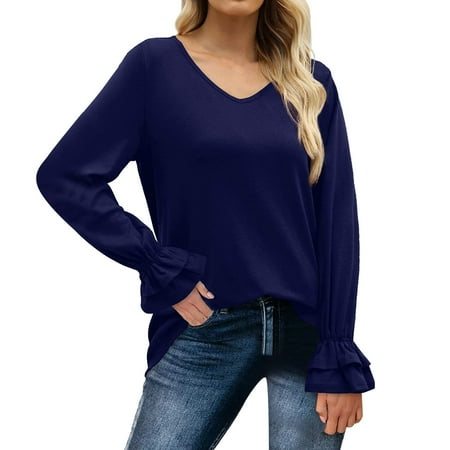 

NECHOLOGY Womens Short Sleeve T Shirts Women Casual Loose V Neck Solid Color Pullover Petal Short Sleeve Scrub Jackets Shirt Blue Small