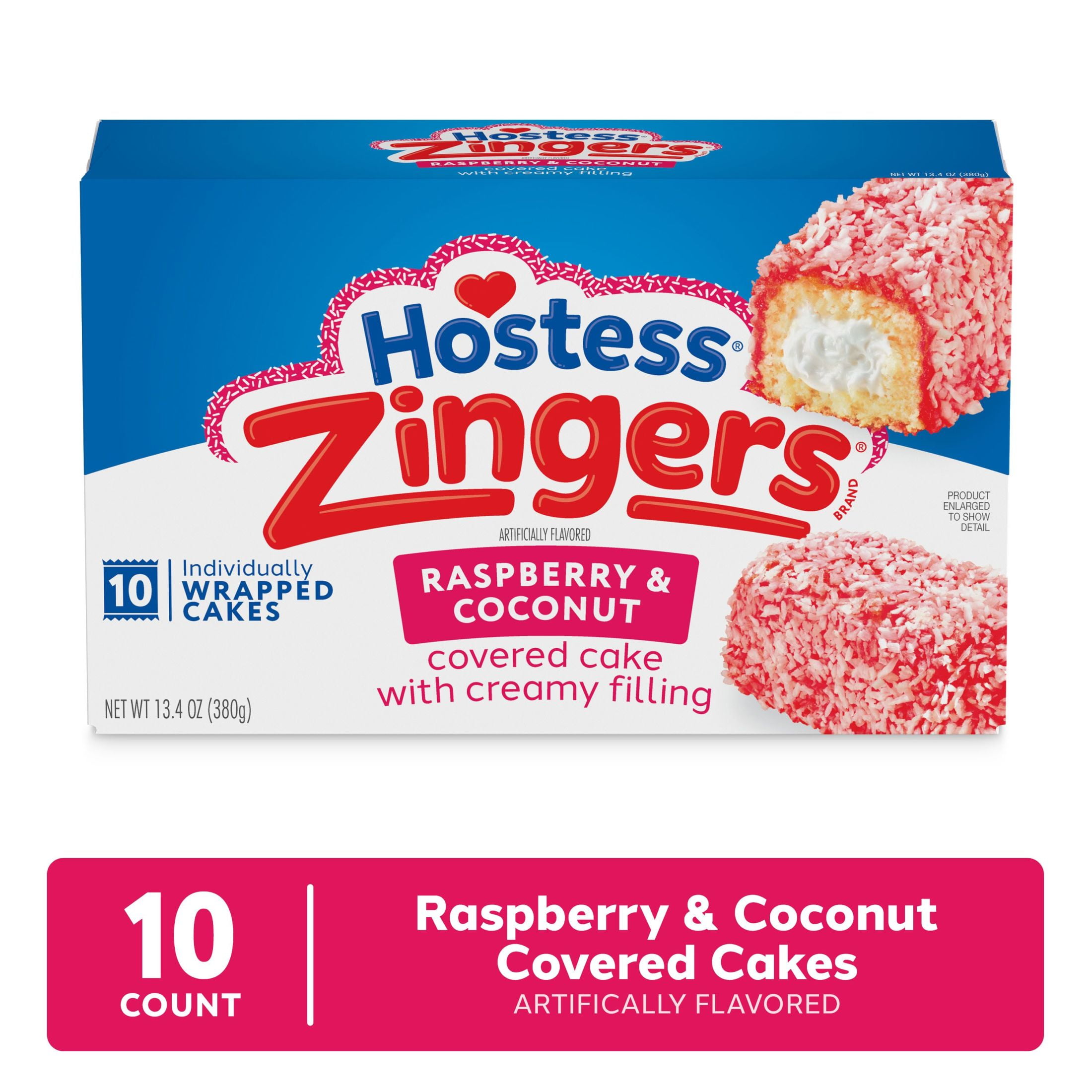 Hostess Zingers Snack Cakes, Raspberry Artificially Flavored Cake, 13.4 oz Box (10 Snack Cakes)