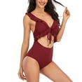 thumbnail image 2 of UTSJKR Women's Ruffle Flounce One Piece Bathing Suit Cutout V Neck Backless Swimwear Tie Front Adjustable Frenum Flounce Bikinis Wine L, 2 of 5
