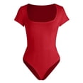 thumbnail image 3 of larppty Women's Square Neck Short Sleeve Long Sleeve Bodysuit Sexy Body Suits Shirt Slim Fitted Tops（Red， L）, 3 of 5