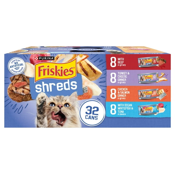 Purina Friskies Shreds Variety Pack, Wet Cat Food, 5.5 oz Cans, 32 Pack